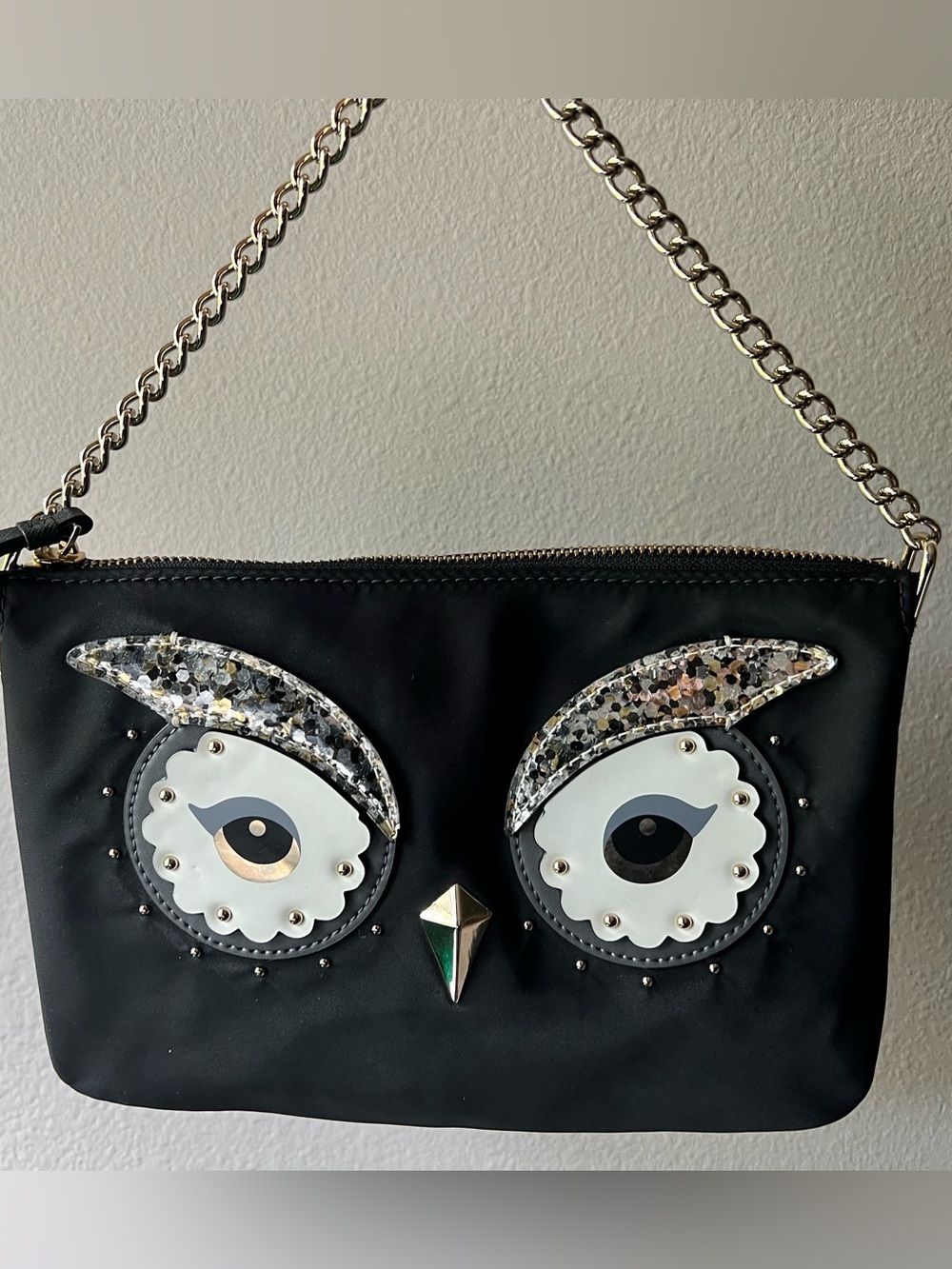 Kate Spade Collectible Black Sparkle Owl Appliqué Chain Shoulder Bag